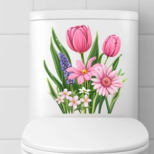 Waterproof tulip and daisy floral self-adhesive wall decals applied to a white toilet tank