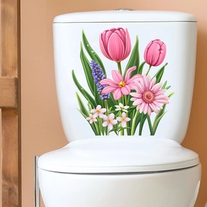 Detail of pink tulip and white daisy waterproof floral stickers on a white ceramic surface