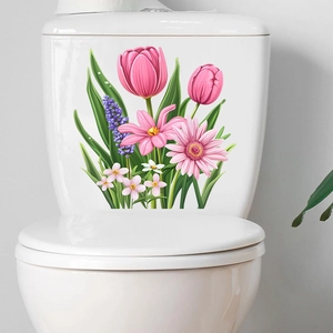 Detail of waterproof tulip and lavender floral decals applied on a white toilet tank