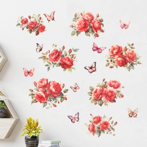 Self-adhesive red rose and butterfly wall stickers for home living room decoration