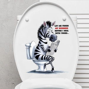 Funny zebra reading newspaper waterproof sticker applied on a white toilet lid cover