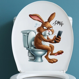 Adesivo murale bagno con divertente coniglio sul water e scritta OMG impermeabile