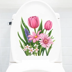 Detail of pink tulips and lavender self-adhesive waterproof stickers on a white toilet lid