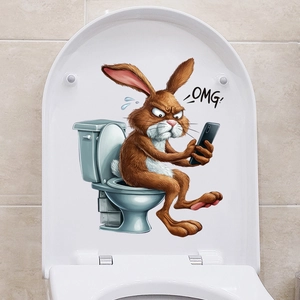 Adesivo murale divertente per il bagno con coniglio animato sulla toilette e scritta OMG