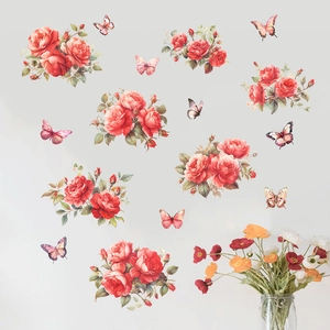 Waterproof self-adhesive wall stickers with red roses and butterflies for home decoration