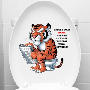Detail of funny cartoon tiger reading newspaper waterproof PVC toilet seat sticker