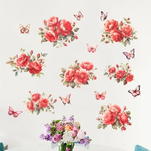 Self-adhesive peony rose flower wall stickers with butterfly accents for home decoration