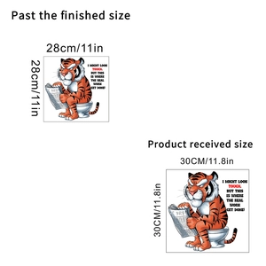 Detail view of cartoon tiger reading newspaper sticker showing product size and dimensions