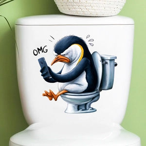 Adesivo divertente pinguino sul bagno con testo OMG su serbatoio bianco