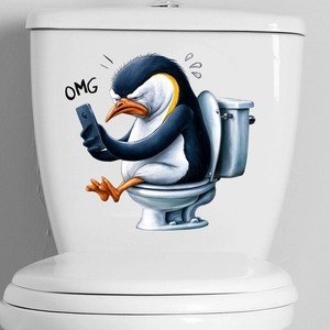 Adesivo per WC con pinguino divertente e testo OMG per decorazione bagno moderna