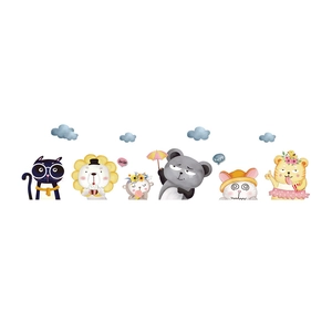 Détail d'autocollants muraux animaux de dessin animé avec chat, lion et panda
