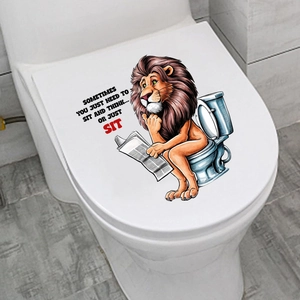 Detail of waterproof toilet sticker featuring a lion reading a newspaper and a funny quote