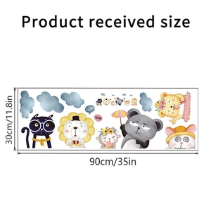 Planche détaillée de stickers muraux animaux mignons avec dimensions pour déco