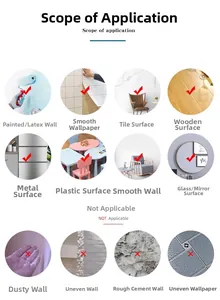 Guide showing suitable wall sticker surfaces like tile, metal, and smooth wood panels
