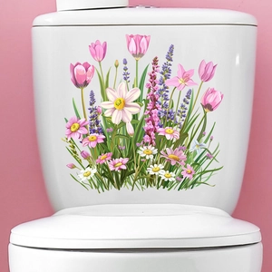 Waterproof tulip and lavender flower stickers applied on a white toilet tank surface