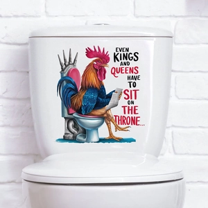 Funny rooster reading newspaper toilet sticker with humorous text on a white tank