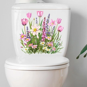 Detail of floral tulip and lavender waterproof self-adhesive wall stickers on a toilet tank