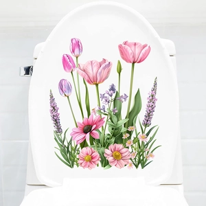 Detailed view of floral tulip toilet lid decals featuring pink flowers and green leaves