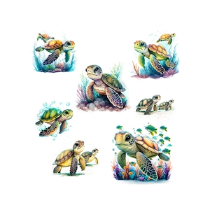 Ensemble détaillé de stickers muraux tortues marines aquarelle avec éléments océaniques colorés