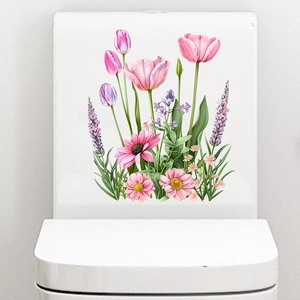 Detail showing self-adhesive pink tulips and lavender floral stickers on a toilet tank