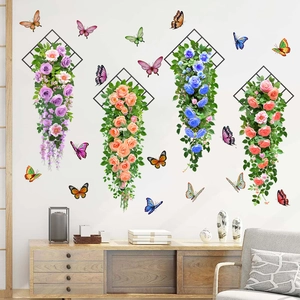 Detail view of 3D rose flower wall decals with colorful butterflies for home decoration