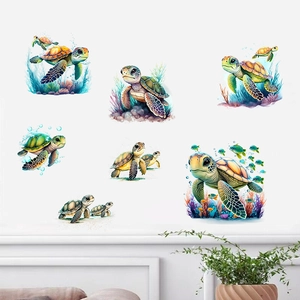 Détails de stickers muraux tortues marines aquarelle avec coraux et petits poissons tropicaux