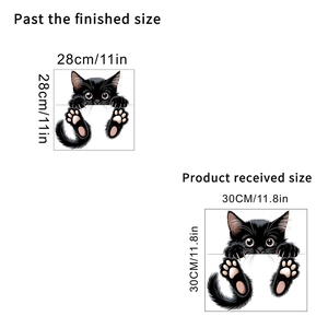 Detailed size chart for black peeping cat wall decal showing 30x30cm and 28x28cm dimensions