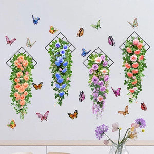 Floral wall stickers set featuring 3D rose vines and butterflies for home wall decor
