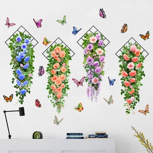 Detailed wall decor set featuring colorful 3D rose vines on diamond metal frames with butterflies