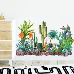 Self-adhesive cactus wall decals with watercolor desert plants for modern home decor