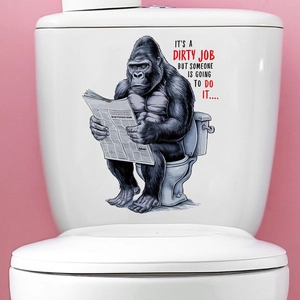 Funny gorilla reading newspaper waterproof toilet wall sticker applied on white tank
