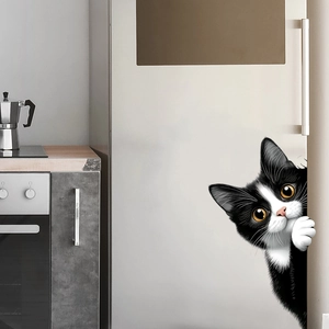 Detailed view of funny black and white peeping cat sticker on a modern silver refrigerator