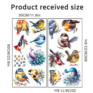 Détails du plan de planche de stickers oiseaux colorés montrant la taille reçue