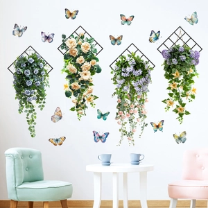 Detailed view of 3D rose flower baskets and colorful butterfly wall stickers for home decor