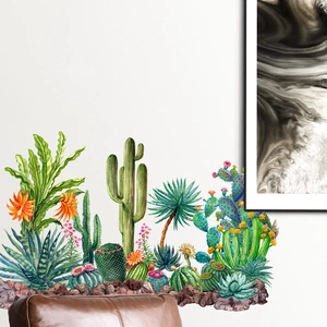 Tropical cactus wall stickers with succulents and watercolor flowers for home decor