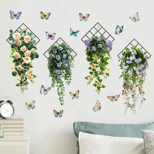 Detailed wall decor with 3D floral vines, diamond metal grids, and colorful butterflies