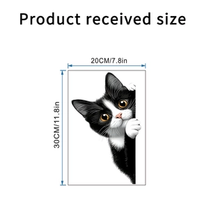 Detailed dimension guide for black peeking cat wall sticker showing 20x30cm size