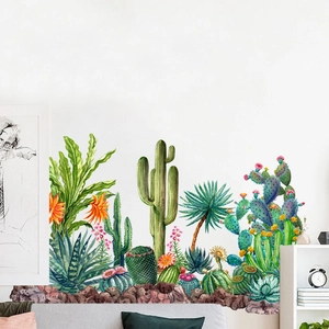 Self-adhesive green cactus wall decals for living room and bedroom decor