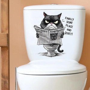 Funny cartoon cat reading newspaper on toilet sticker for bathroom tank decoration