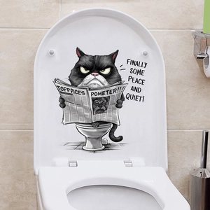 Waterproof PVC toilet lid sticker featuring a funny cat reading newspaper on the toilet