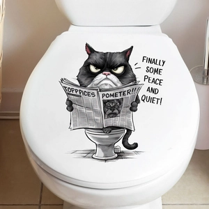 Funny black cat reading newspaper bathroom sticker on white toilet lid for home decor