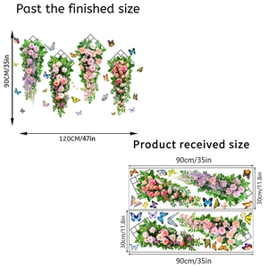 Detailed wall sticker dimensions showing 120x90cm layout and 30x90cm sheets of rose and butterfly
