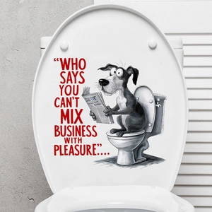 Funny cartoon dog reading newspaper on toilet waterproof wall sticker with red quote text