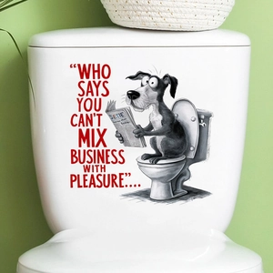 Waterproof toilet sticker showing a cartoon dog reading a newspaper on a white ceramic tank