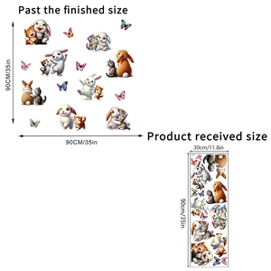 Tableau des tailles détaillé pour stickers muraux chat et lapin avec dimensions du produit