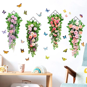 Macro detail of 3D rose flower wall decals with colorful butterflies for living room