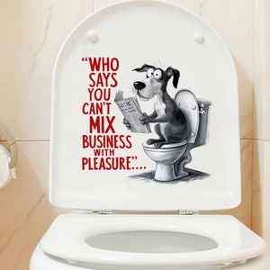 Detail showing cartoon dog reading newspaper on waterproof PVC toilet seat sticker
