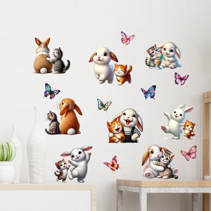 Détails d'autocollants muraux chat et lapin mignons avec papillons colorés pour chambre enfant