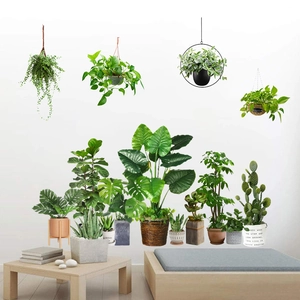 Detail view of various self-adhesive waterproof green plant wall stickers for home decor