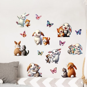 Détail de stickers muraux chat et lapin mignons avec papillons au style chaleureux dessiné main